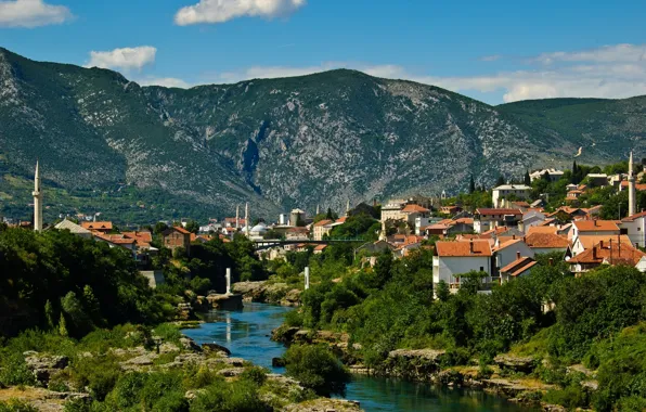 Picture landscape, mountains, building, Bosnia and Herzegovina, Mostar, the Neretva river, Mostar, Neretva River, Bosnia and …