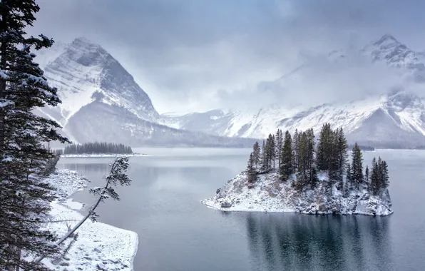 Picture winter, snow, landscape, mountains, nature, lake, island, Canada, Albert, lake Kananaskis