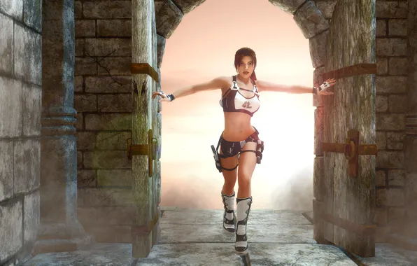 Picture look, girl, weapons, guns, the game, shorts, door, lara croft, tomb raider, entrance