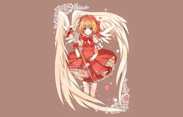 Picture wings, Sakura, dress, staff, Cardcaptor Sakura