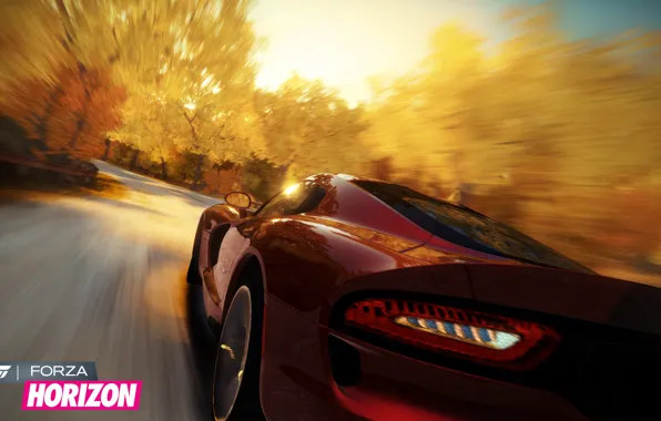 Picture trees, red, speed, dodge viper, forza horizon