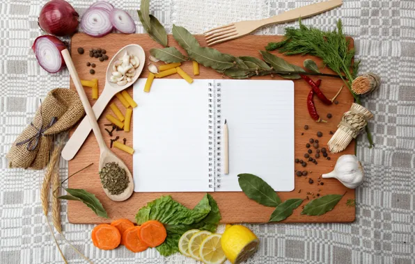 Picture lemon, bow, dill, spoon, pencil, notebook, carrots, garlic, pasta, Bay leaf, pepper, blades
