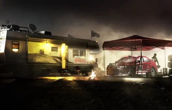 Picture machine, night, lights, people, tires, canopy, trailer, Colin McRae: Dirt 2