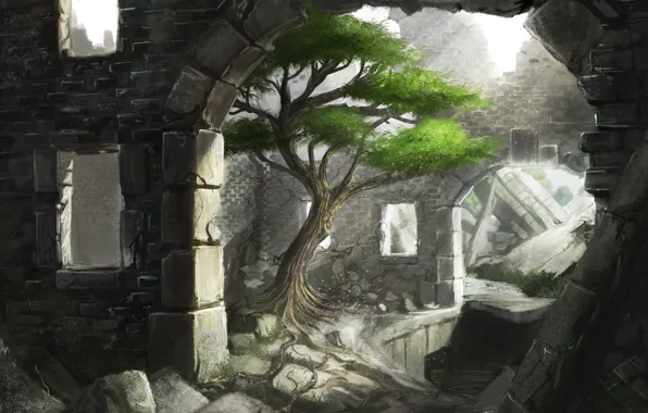 Picture light, stones, tree, art, arch, ruins, iidanmrak