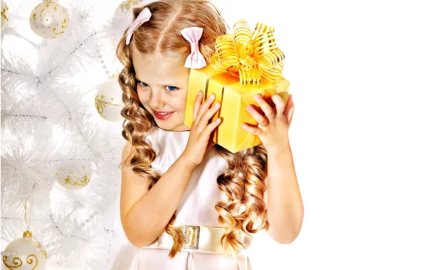 Picture children, smile, gift, tree, child, New Year, Christmas, girl, bows, Christmas, curls, holidays, New Year