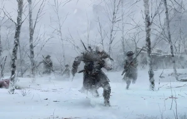Picture winter, forest, trees, soldiers, assassin, Radunhageydu, Assassin's Creed 3, Assassin’s Creed III, Connor Kenuey