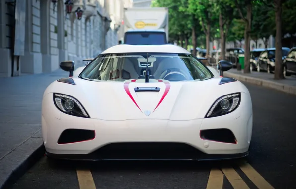 Picture white, trees, machine, street, before, van, supercar, white, supercar, cars, front, tree, street, agera R, …