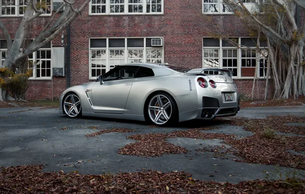 Picture leaves, trees, the building, Windows, silver, nissan, rear view, Nissan, gtr, wing, r35, silvery, grt