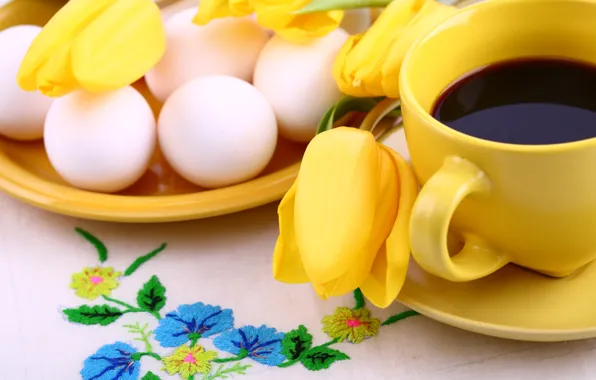 Picture coffee, eggs, Cup, tulips, yellow