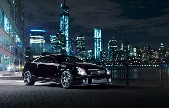 Picture night, the city, lights, black, Cadillac, black, CTS-V, Cadillac