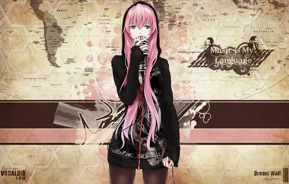 Picture the inscription, map, hood, wire, microphone, vocaloid, megurine luka