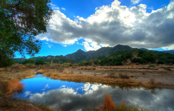 Picture the sky, clouds, trees, landscape, mountains, reflection, river, california, USA, malibu