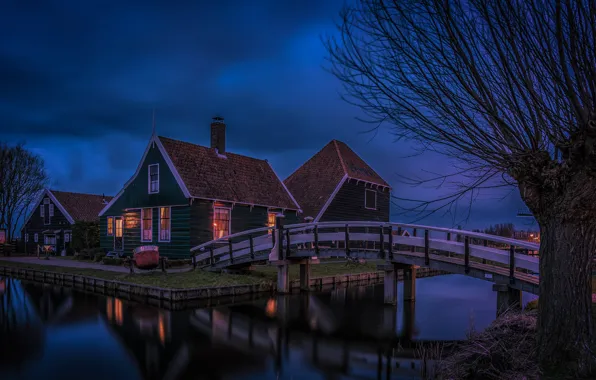 Picture night, bridge, home, village, Netherlands, Zaanse Schans