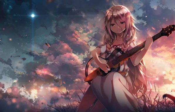 Picture the sky, girl, clouds, sunset, nature, smile, guitar, anime, art, vocaloid, ccrgaoooo, c.c.r