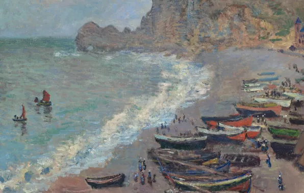 Picture landscape, shore, picture, boats, Claude Monet, The beach in Etretat