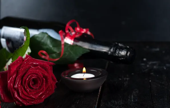 Picture flower, water, drops, holiday, Board, rose, bottle, candle, serpentine
