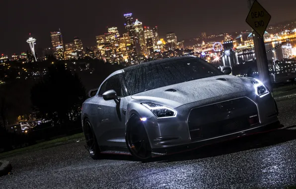Picture car, night, wet, nissan gt-r