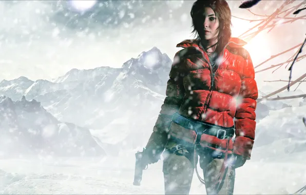 Picture winter, girl, snow, mountains, gun, the wind, lara croft, tomb raider, Rise of the Tomb …