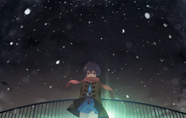 Picture girl, snow, night, anime, art, The Melancholy of Haruhi Suzumiya, the melancholy of Haruhi Suzumiya, …