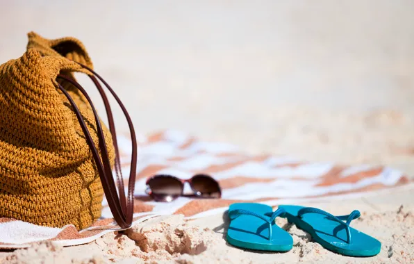 Picture sand, beach, summer, the sun, glasses, summer, bag, beach, slates, vacation, accessories