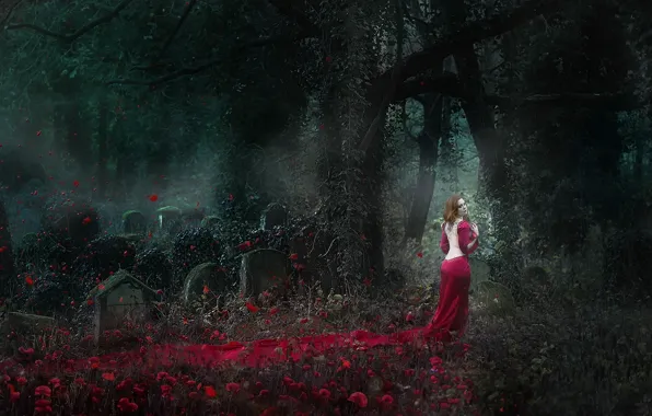 Picture girl, Ghost, cemetery, Lady in Red
