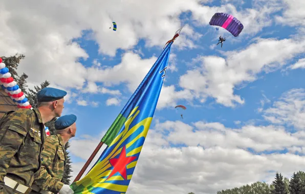 Picture the sky, clouds, flag, skydivers, day of airborne forces, berets