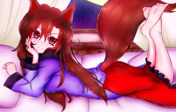 Picture look, girl, pose, tail, bed, ears, touhou, art, Fox, imaizumi kagerou, damir doma