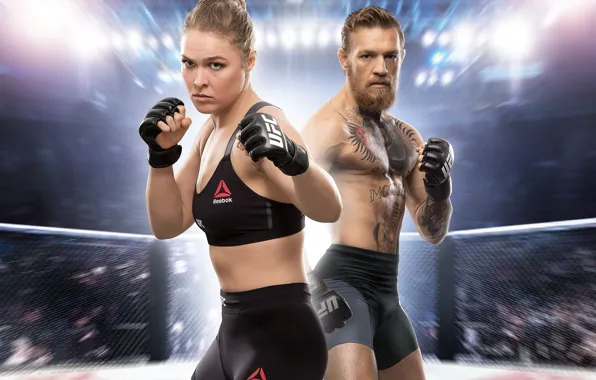 Picture girl, guy, the ring, fighters, the audience, Electronic Arts, Ronda Rousey, Rhonda Rauzi, Conor McGregor, …