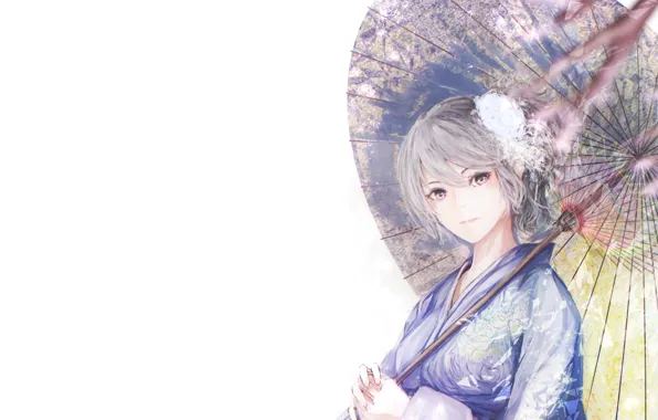 Picture girl, branches, umbrella, Sakura, kimono