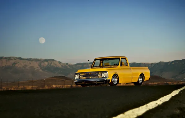 Picture road, field, the sky, hills, the moon, lights, the fence, Chevrolet, wheel, 1969, C10, front