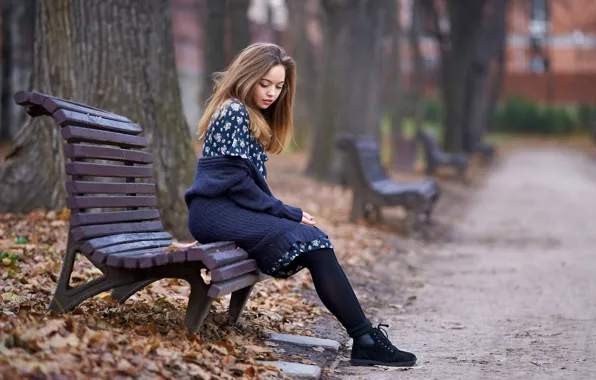 Picture autumn, girl, Park, bench