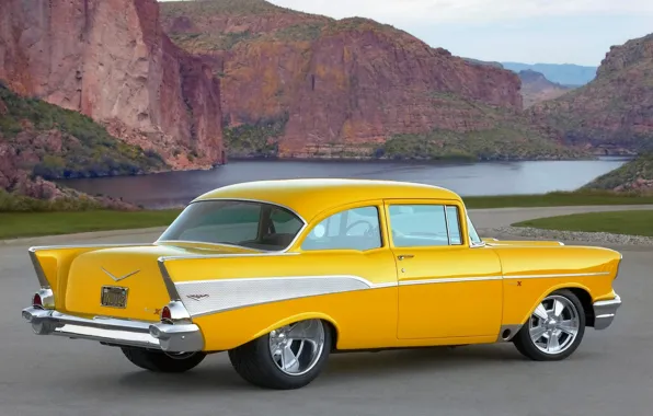 Picture mountains, retro, Auto, Yellow, Lake, Chevrolet, Day, Side view, project X