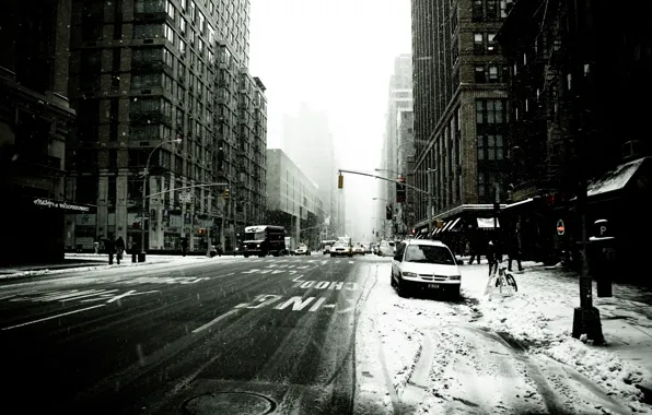 Picture winter, machine, the city, people, New York, skyscrapers, taxi, America, Blizzard, USA, States, new york