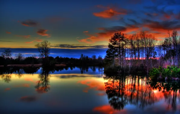 Picture the sky, clouds, trees, sunset, lake, glow
