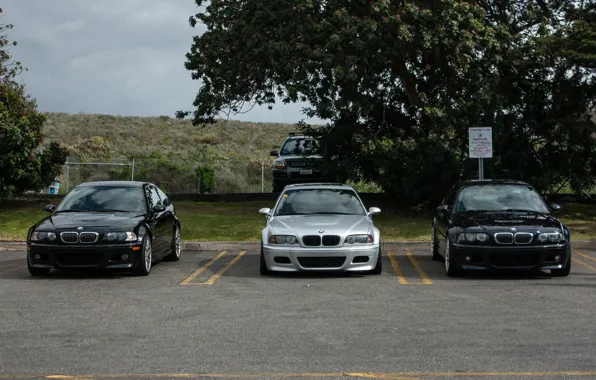 Picture the sky, trees, blue, clouds, bmw, BMW, silver, Parking, blue, the front, silvery