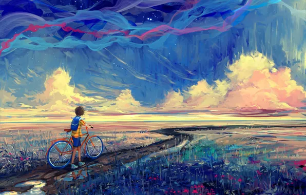Picture road, bike, boy, art, painting
