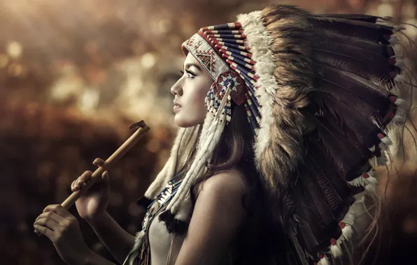 Picture Girl, Feathers, Face, Indian, Dudka, Headdress