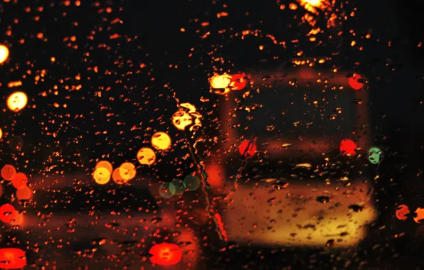 Picture road, glass, water, drops, the city, lights, rain, mood, street, the evening, bokeh