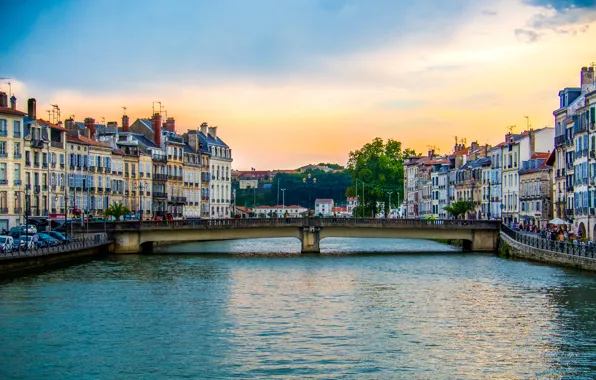 Picture sunset, bridge, river, France, home, the evening, channel, Bayonne