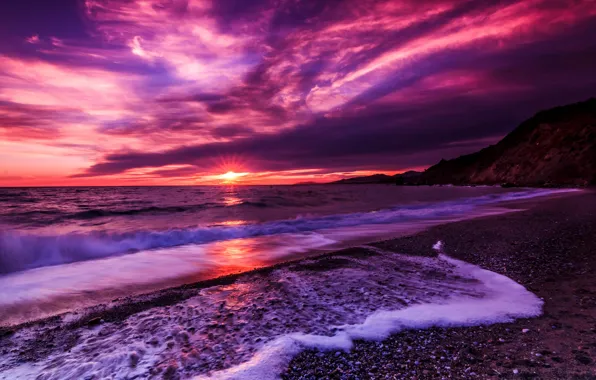 Picture sea, beach, sunset, lilac