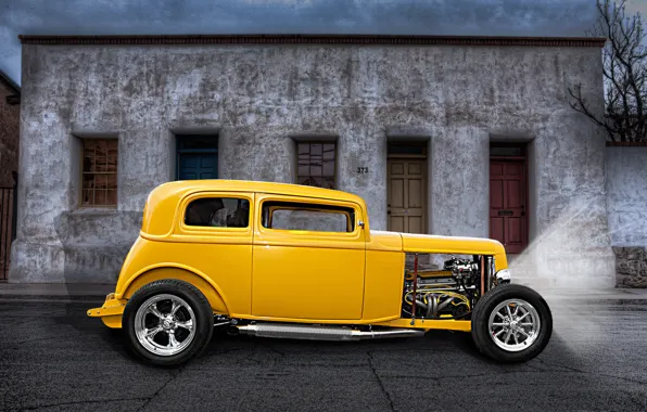 Picture yellow, retro, street, classic, hot-rod, classic car