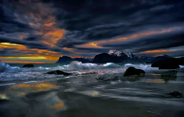 Picture sea, clouds, landscape, clouds, stones, rocks, shore, the evening, Norway, glow, The Lofoten Islands