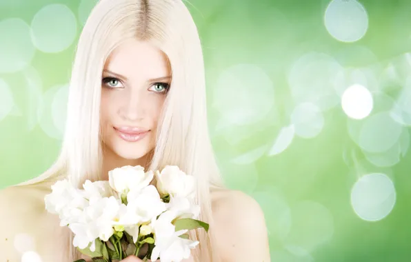Picture girl, flowers, green, glare, background, portrait, bouquet, makeup, hairstyle, blonde, white, freesia