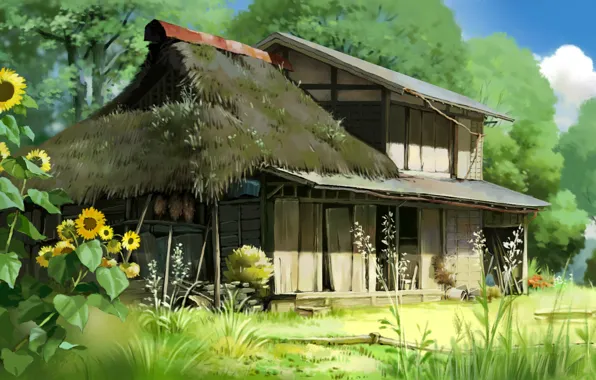 Picture summer, grass, trees, sunflowers, yard, hut, Heisei Tanuki Gasse Ponpoko, Tanuki war in the period …