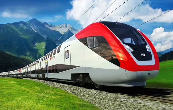 Picture the sky, clouds, mountains, rails, speed, cars, Train