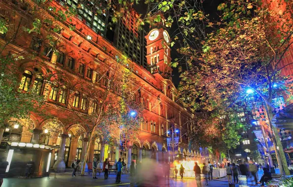 Picture lights, people, tower, home, Australia, Sydney, Martin Place, Vivid Sydney
