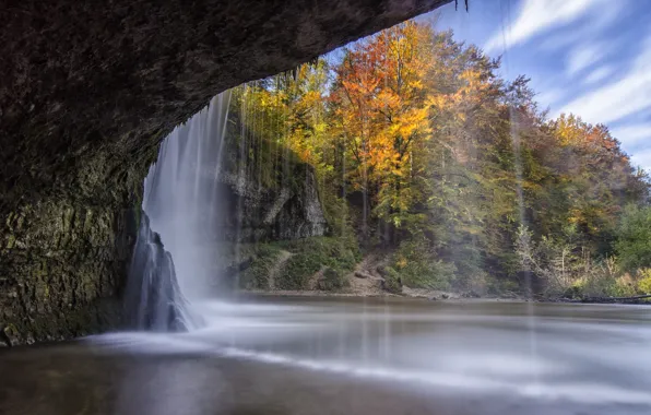 Picture autumn, rock, lake, waterfall