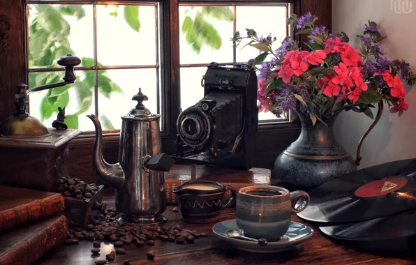 Picture flowers, retro, books, coffee, bouquet, window, the camera, vinyl, still life, records, coffee grinder, coffee …