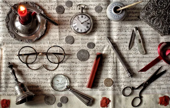 Picture letter, watch, candle, glasses, coins, knife, still life, magnifier, bell, scissors
