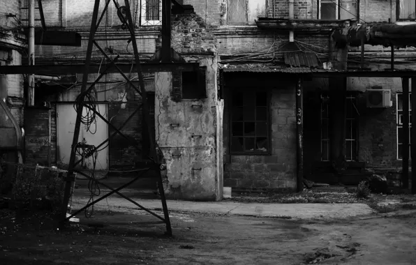 Picture ukraine, black and white, downtown, brick wall, broken glass, scary backyard, the entrance to the …